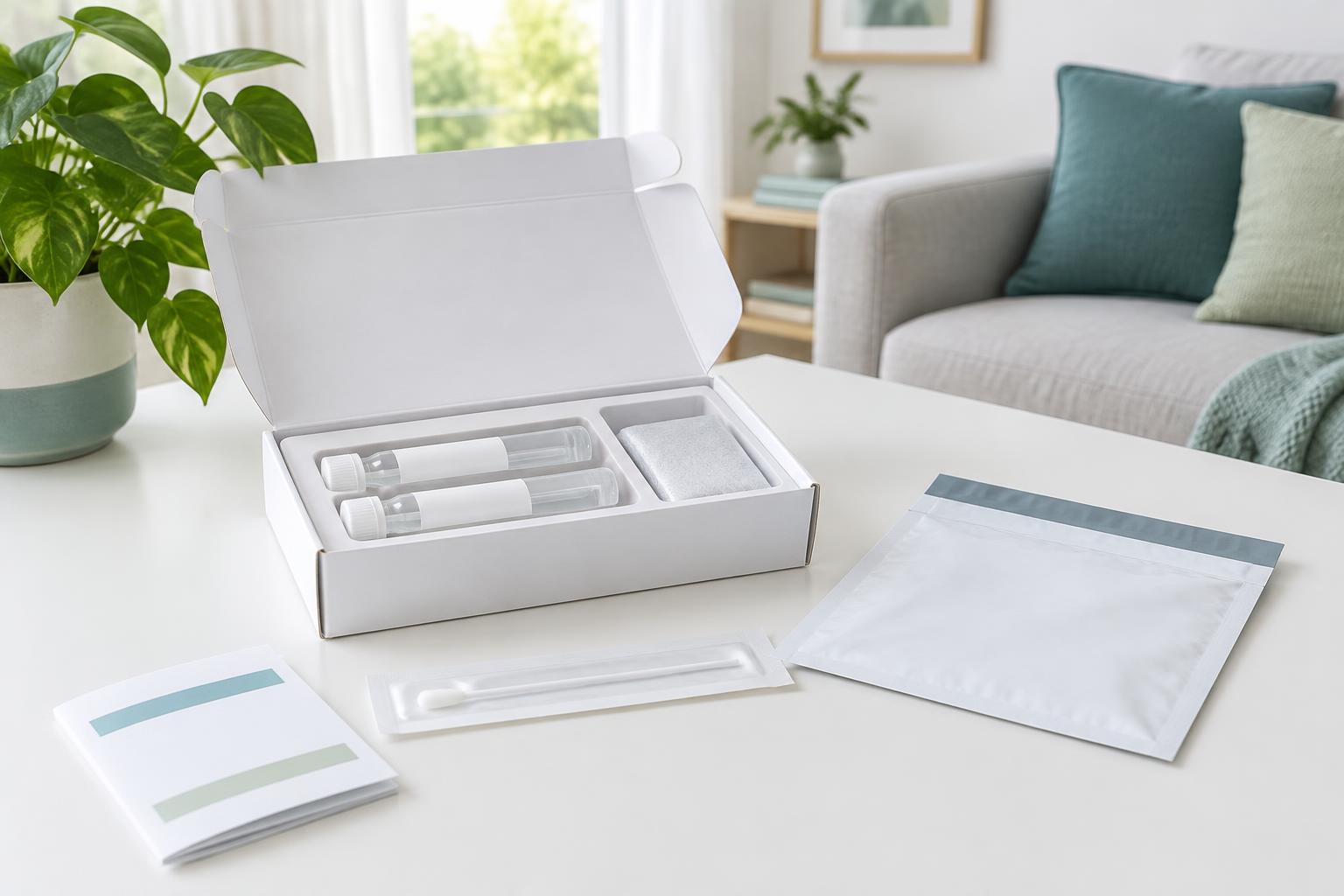Illustrative at-home lab collection kit with sample tubes and a return envelope