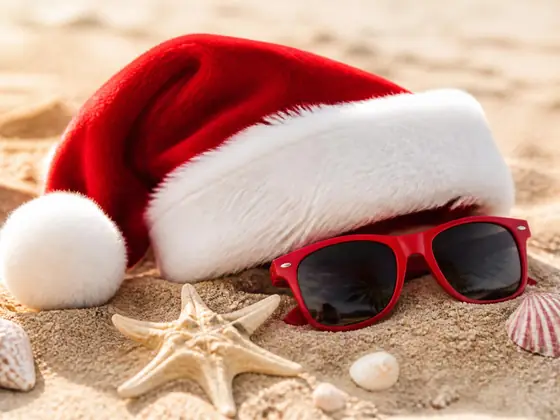 Santa hat and sunglasses on beach sand